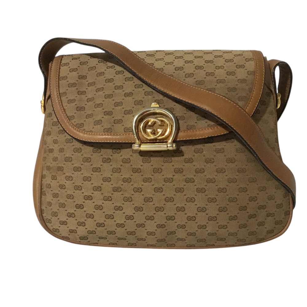 Authentic Gucci  Vintage Tan & Brown GG Canvas Crossbody with Gold Hardware